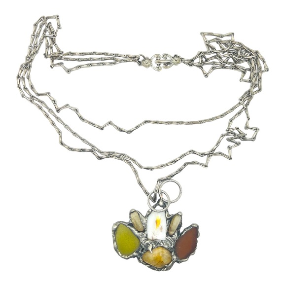 Citrine Sea Glass & Broken China Artisan Pendant Vintage Triple Chain Necklace - Picture 10 of 16
